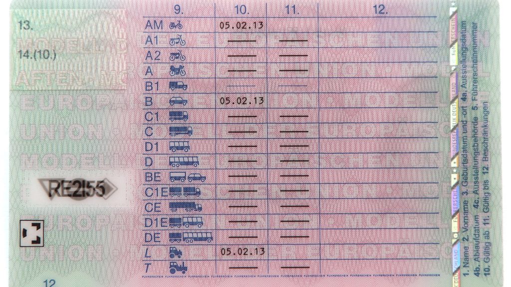 Rückseite eines EU-Kartenführerscheins mit Fahrerlaubnisklassen