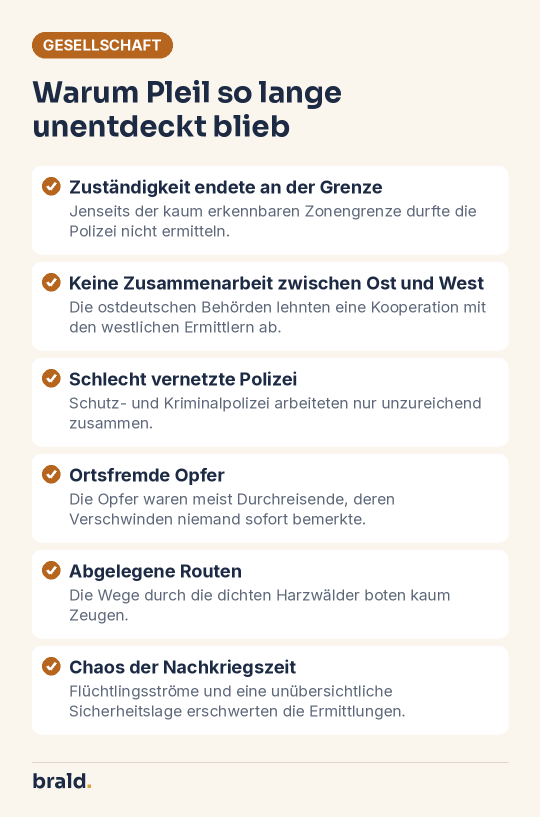 Infografik: Sechs Gründe, warum die Polizei dem Täter Rudolf Pleil im Harzer Grenzgebiet der Nachkriegszeit lange nicht auf die Spur kam