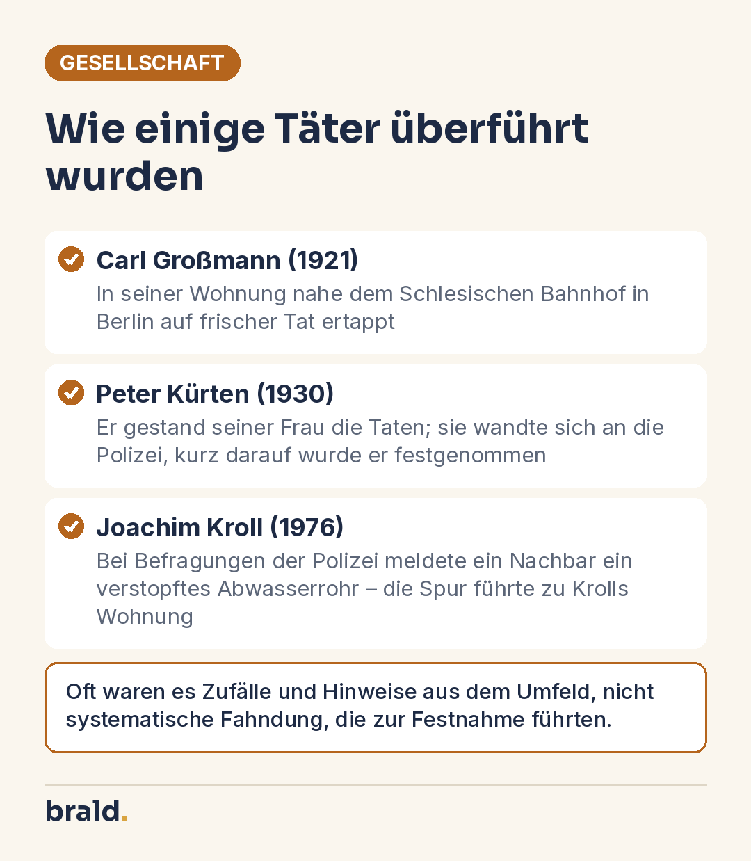 Infografik: Wie Carl Großmann, Peter Kürten und Joachim Kroll gefasst wurden – Festnahme, Hinweis der Ehefrau, Spur eines Nachbarn